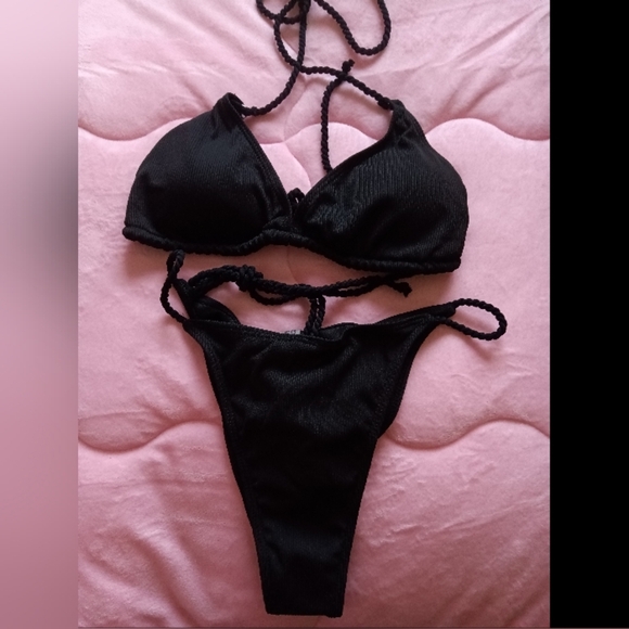 NEW Black Halter RibKnit Rope Braid Tie Bikini Swimsuit - Picture 4 of 5